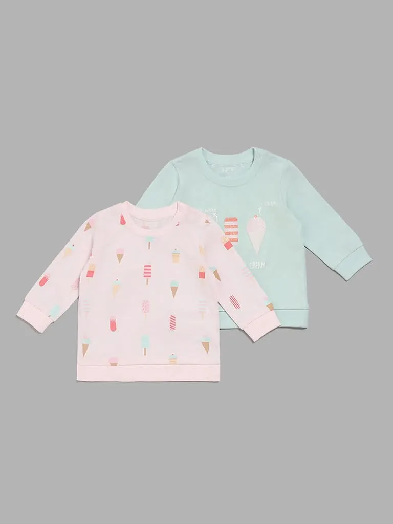 HOP Baby Ice-Cream Printed Pink & Mint T-Shirt - Pack of 2