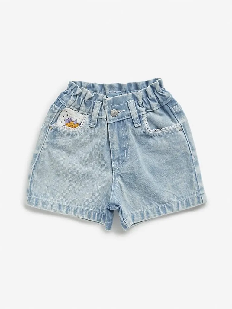 HOP Kids Blue High Rise Paper-Bag Shorts