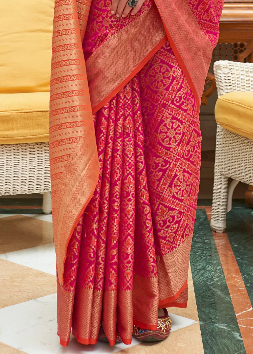 Hot Pink Zari Woven Patola Silk Saree