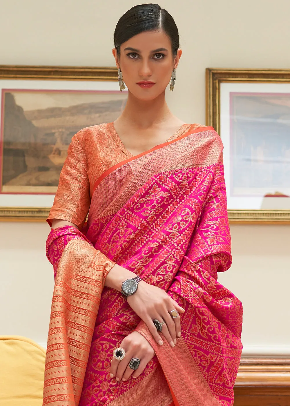 Hot Pink Zari Woven Patola Silk Saree