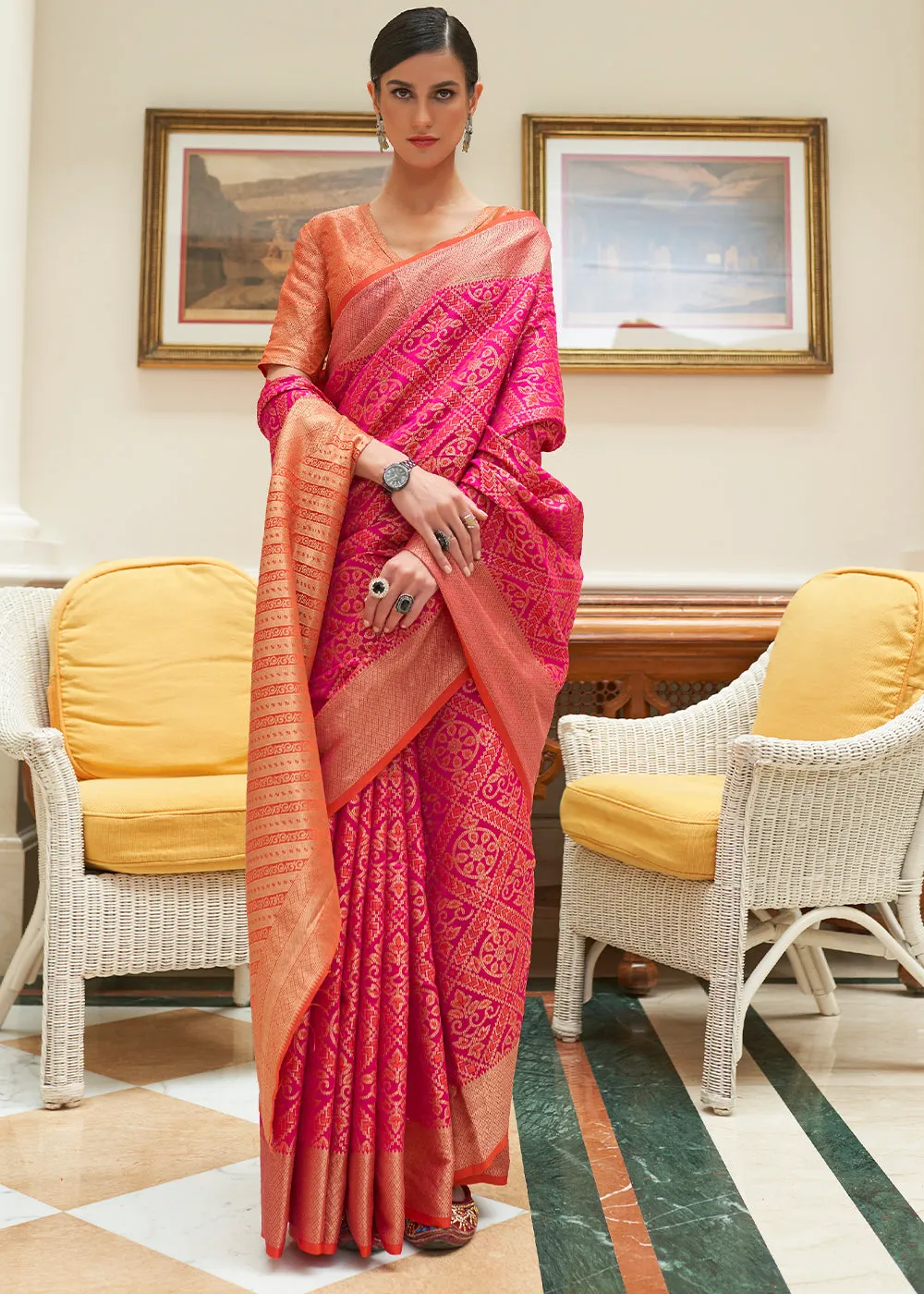 Hot Pink Zari Woven Patola Silk Saree