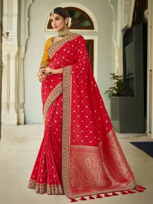 Indian Festive Wear Red Banarasi Silk Saree With Richly Embroidered Yellow Blouse