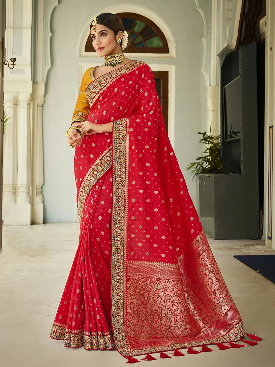 Indian Festive Wear Red Banarasi Silk Saree With Richly Embroidered Yellow Blouse