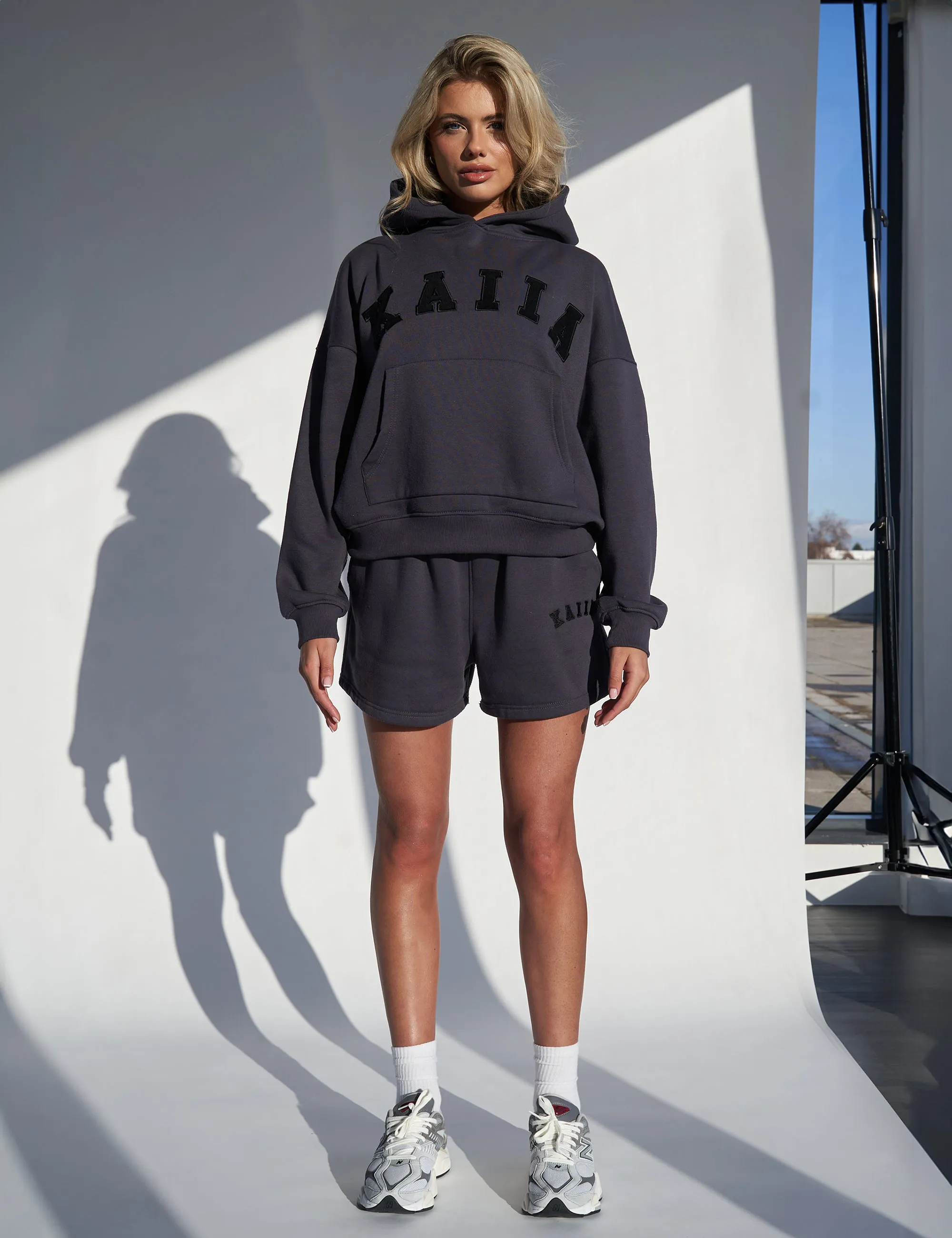 Kaiia Slogan Oversized Hoodie Dark Grey