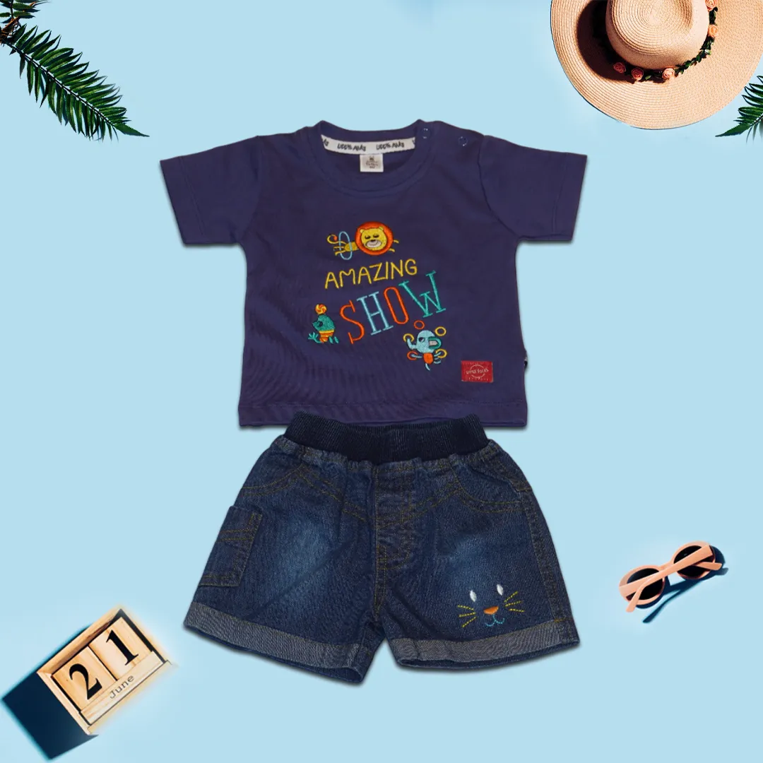 Kids Animals Printed Purple T-Shirt and Denim Shorts Set