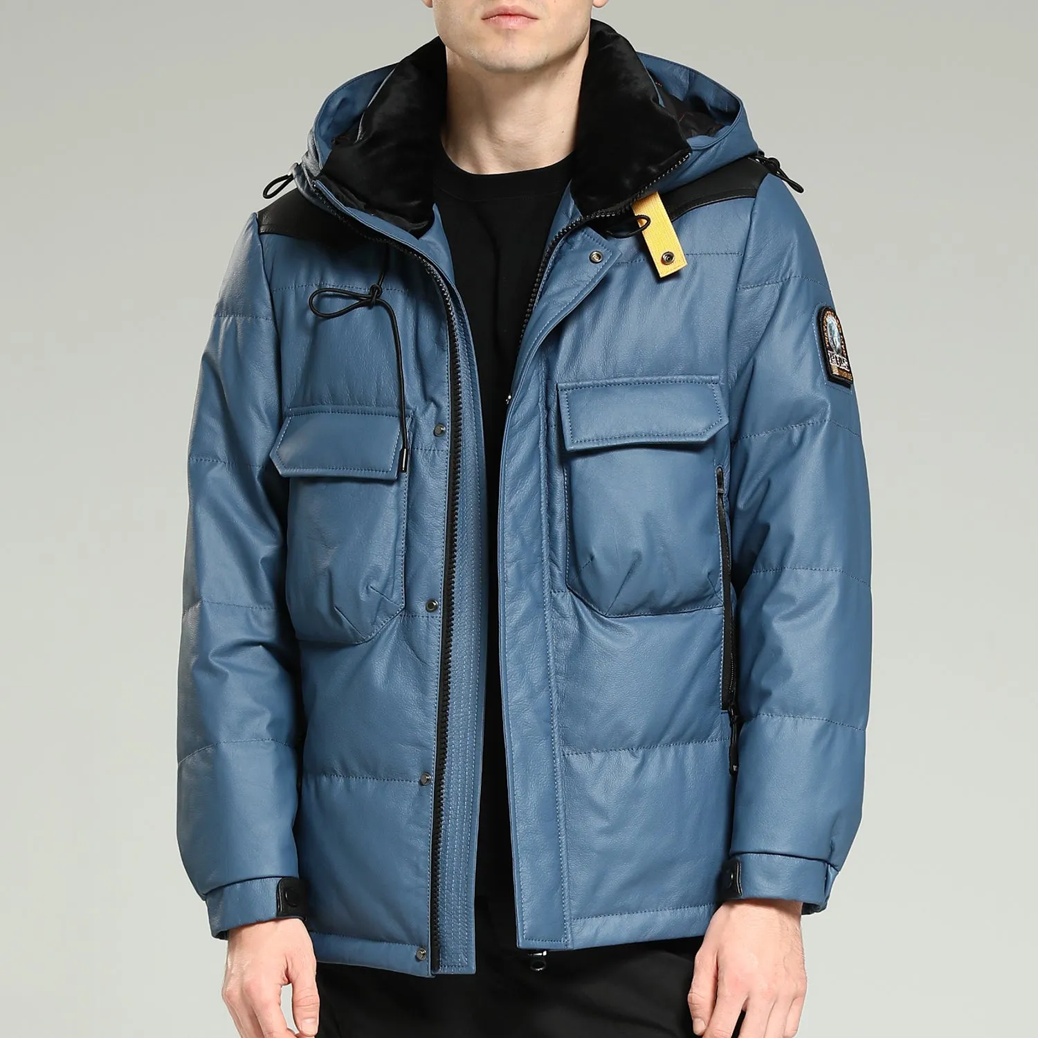 Leather Down Jacket - Men's Blue Hooded Cowhide Down Jacket