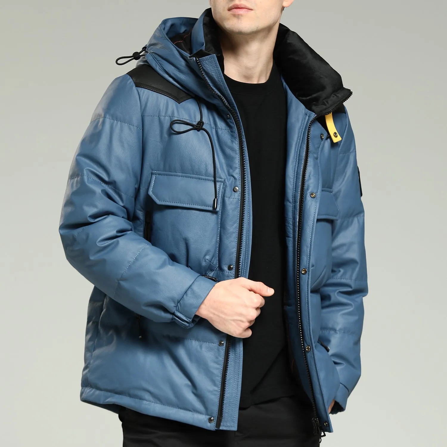 Leather Down Jacket - Men's Blue Hooded Cowhide Down Jacket