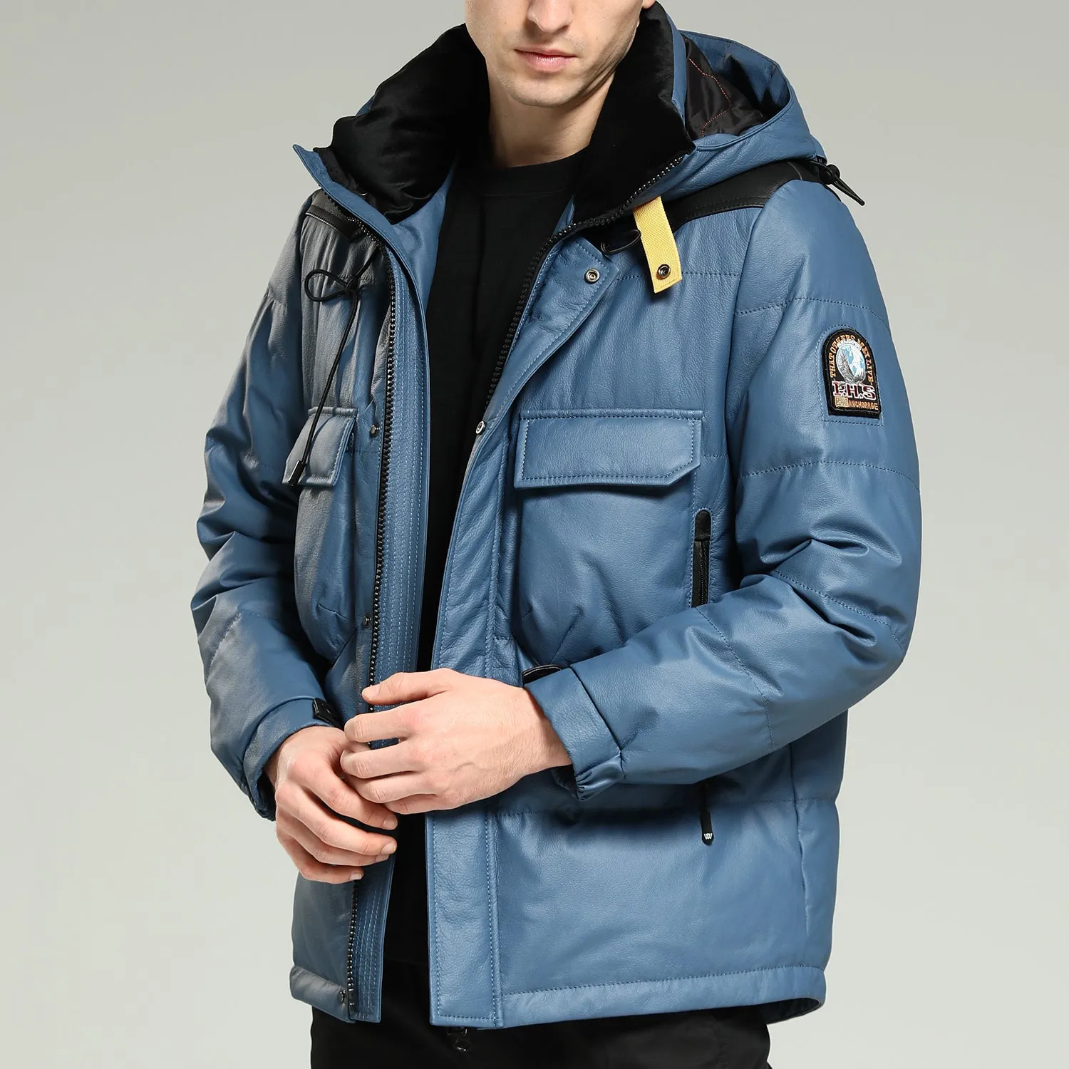 Leather Down Jacket - Men's Blue Hooded Cowhide Down Jacket