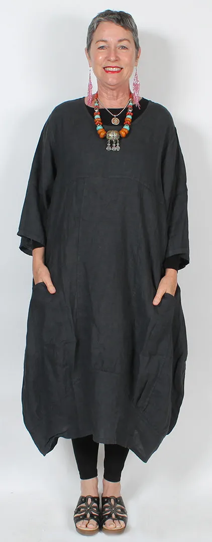 Linen Black Dress - Long Tunic Lagenlook Boho Resort Sml-4x