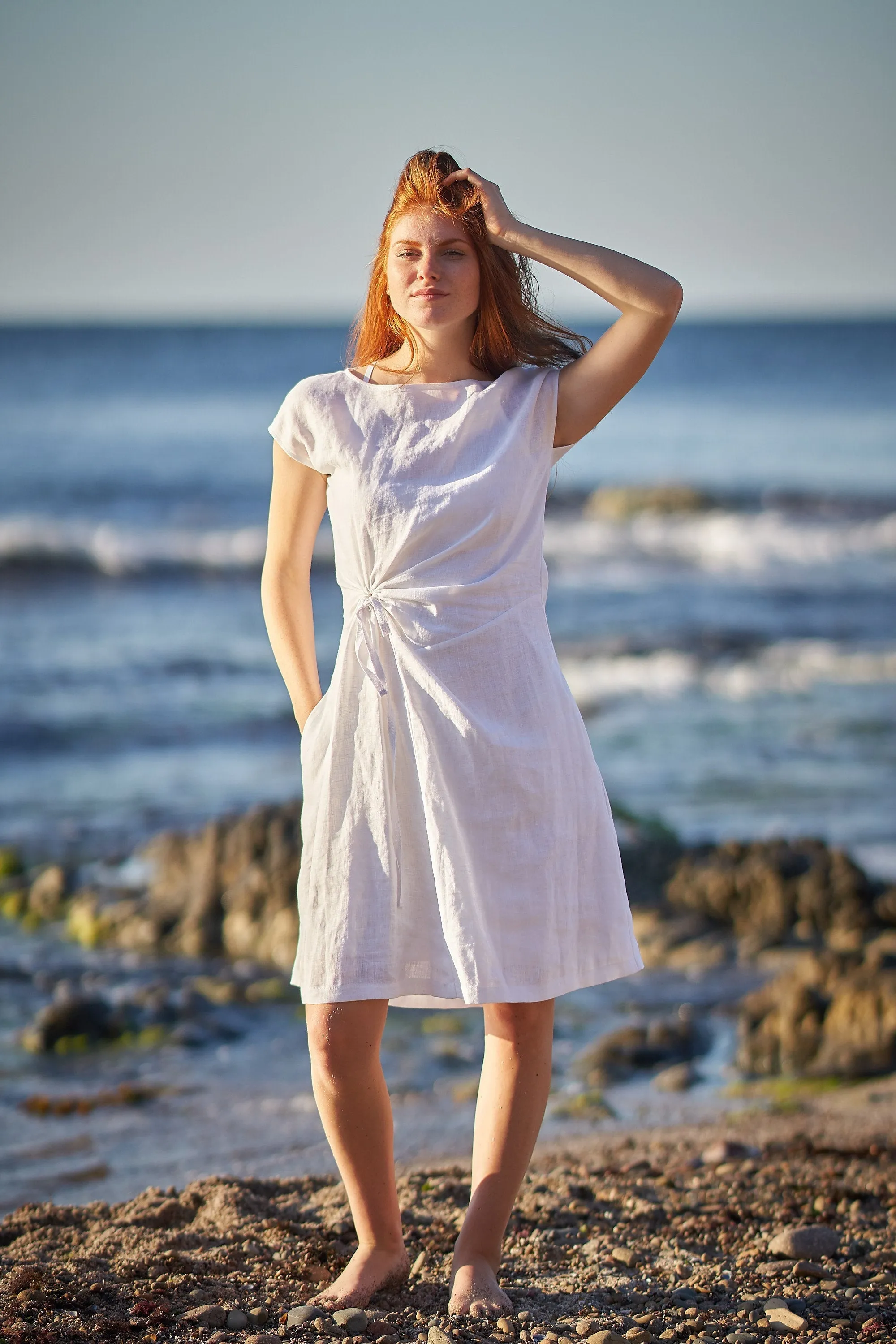 Linen Midi Dress with Ruched Waist