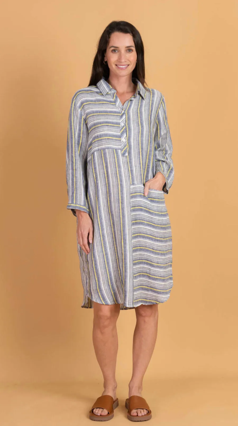 Lisa Blue and Lemon Striped Linen Shirt Dress