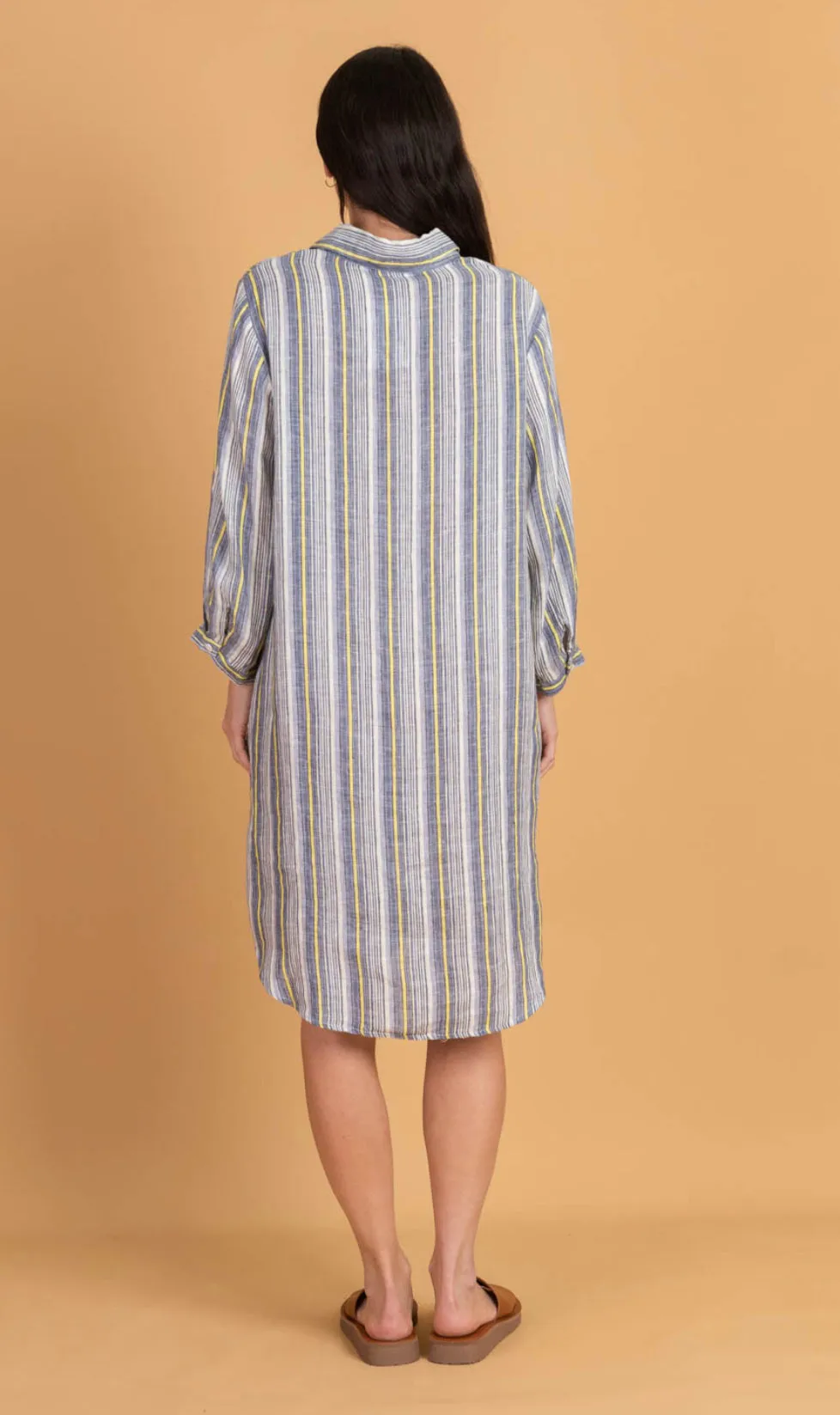 Lisa Blue and Lemon Striped Linen Shirt Dress