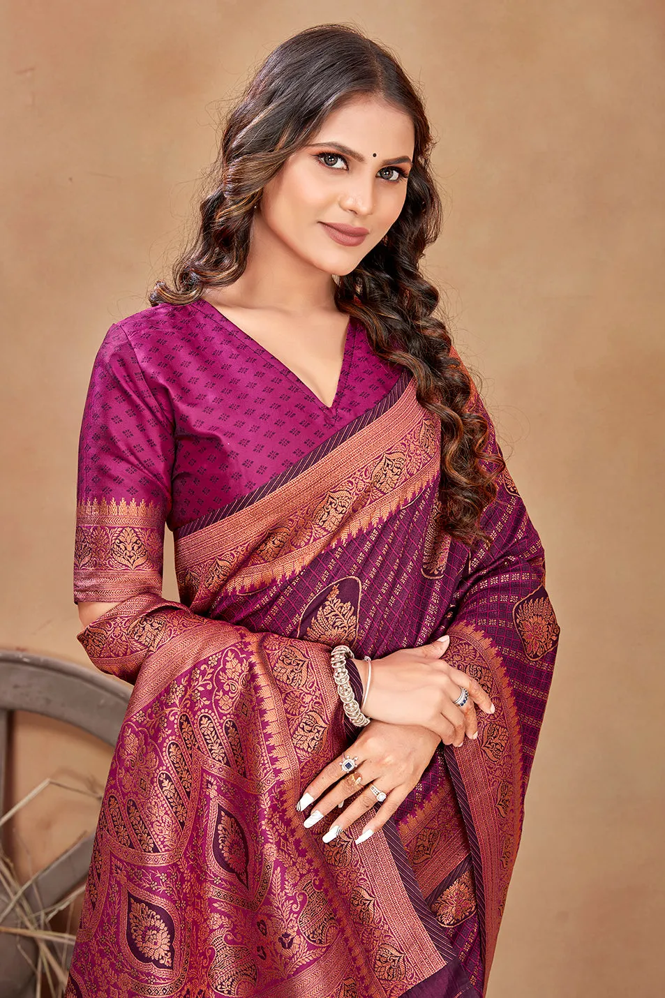 Magenta Color Satin Silk Contemporary Saree