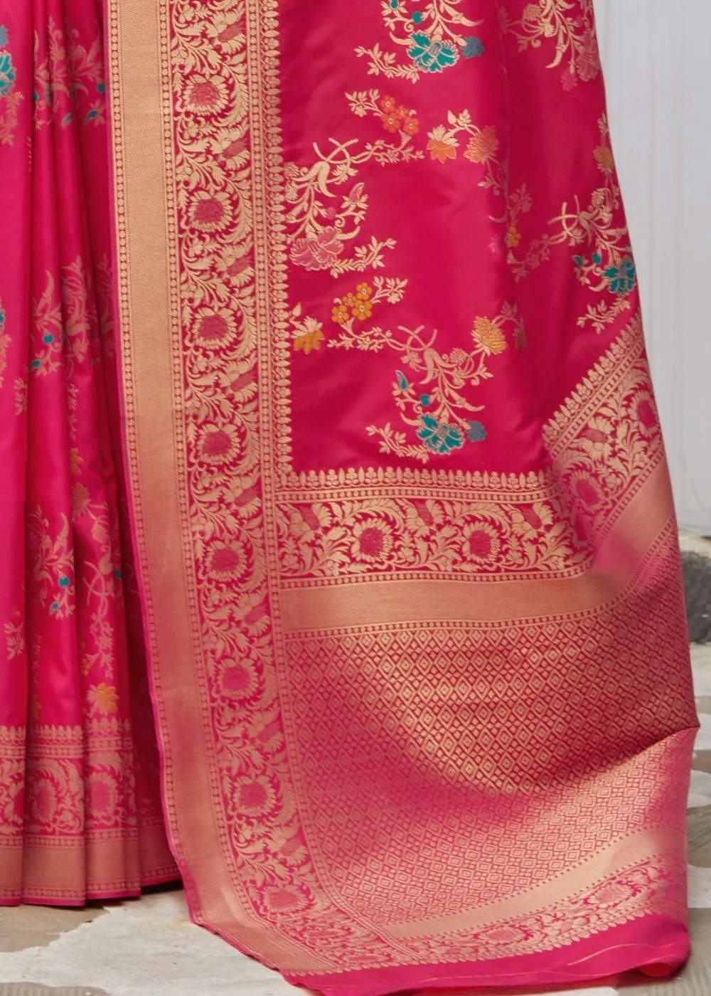 Magenta Silk Saree with Thread Embroidery work and Golden Zari Border