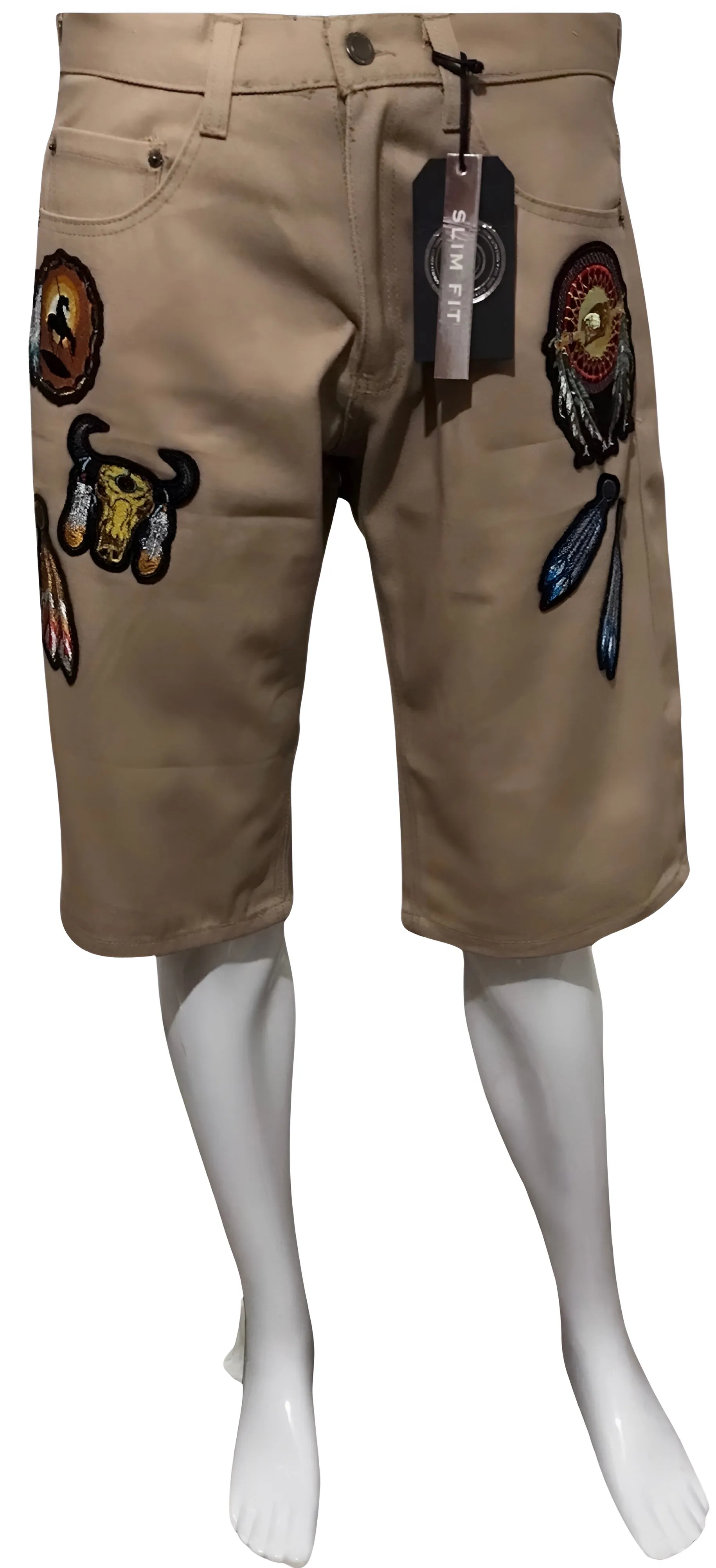 ^MAXI MILIAN^ (LIGHT BROWN) ~NATIVE AMERICAN~ DENIM SHORTS (SLIM FIT) (EMBROIDERED)