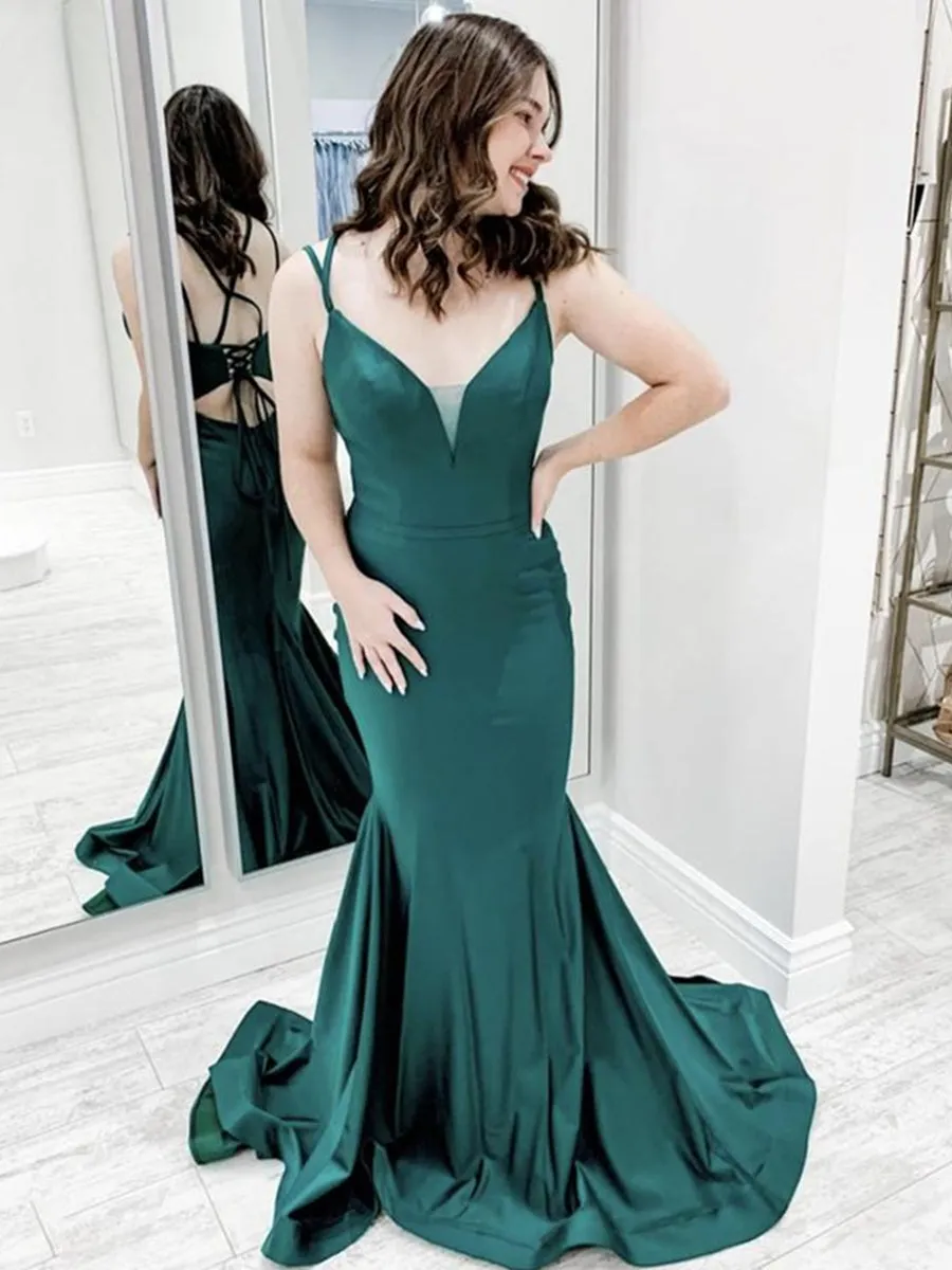 Mermaid V Neck Backless Green Long Prom, Green Mermaid Formal Graduation Evening