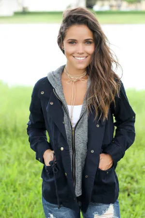 Navy Jacket with Gray Hood