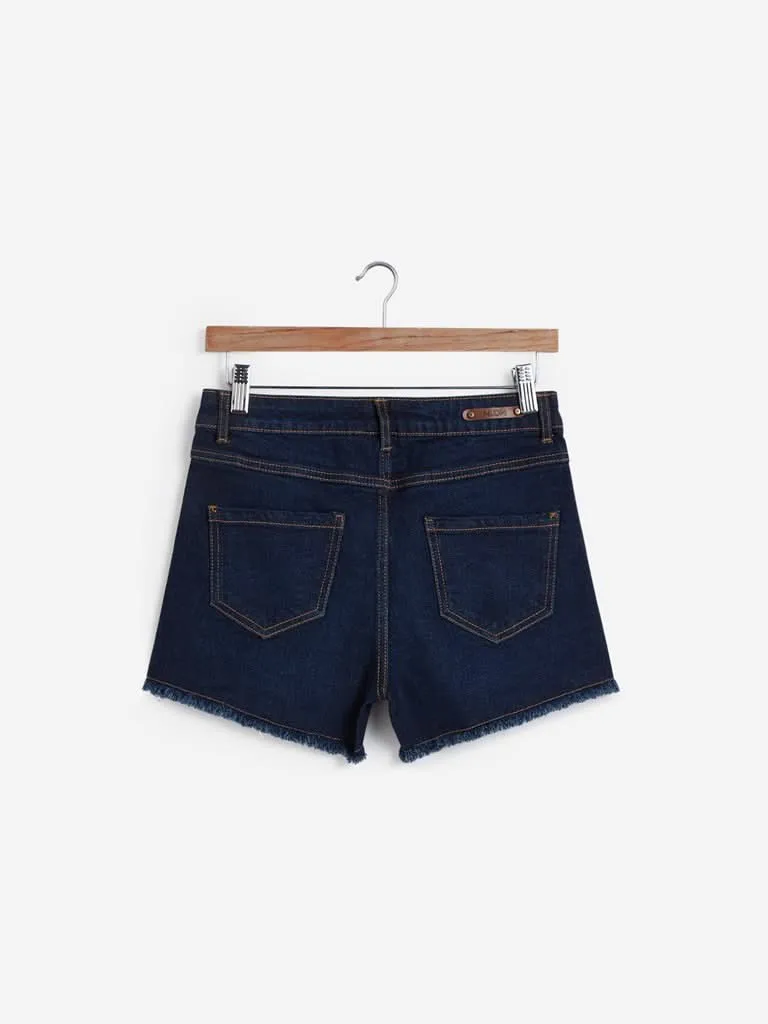 Nuon Dark Blue Tape Detailed Denim Shorts