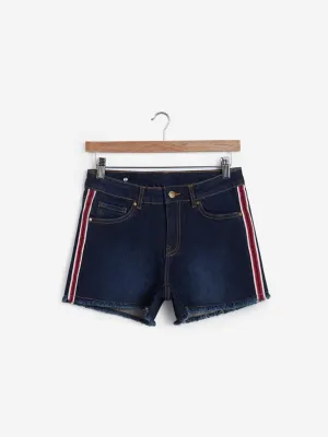 Nuon Dark Blue Tape Detailed Denim Shorts