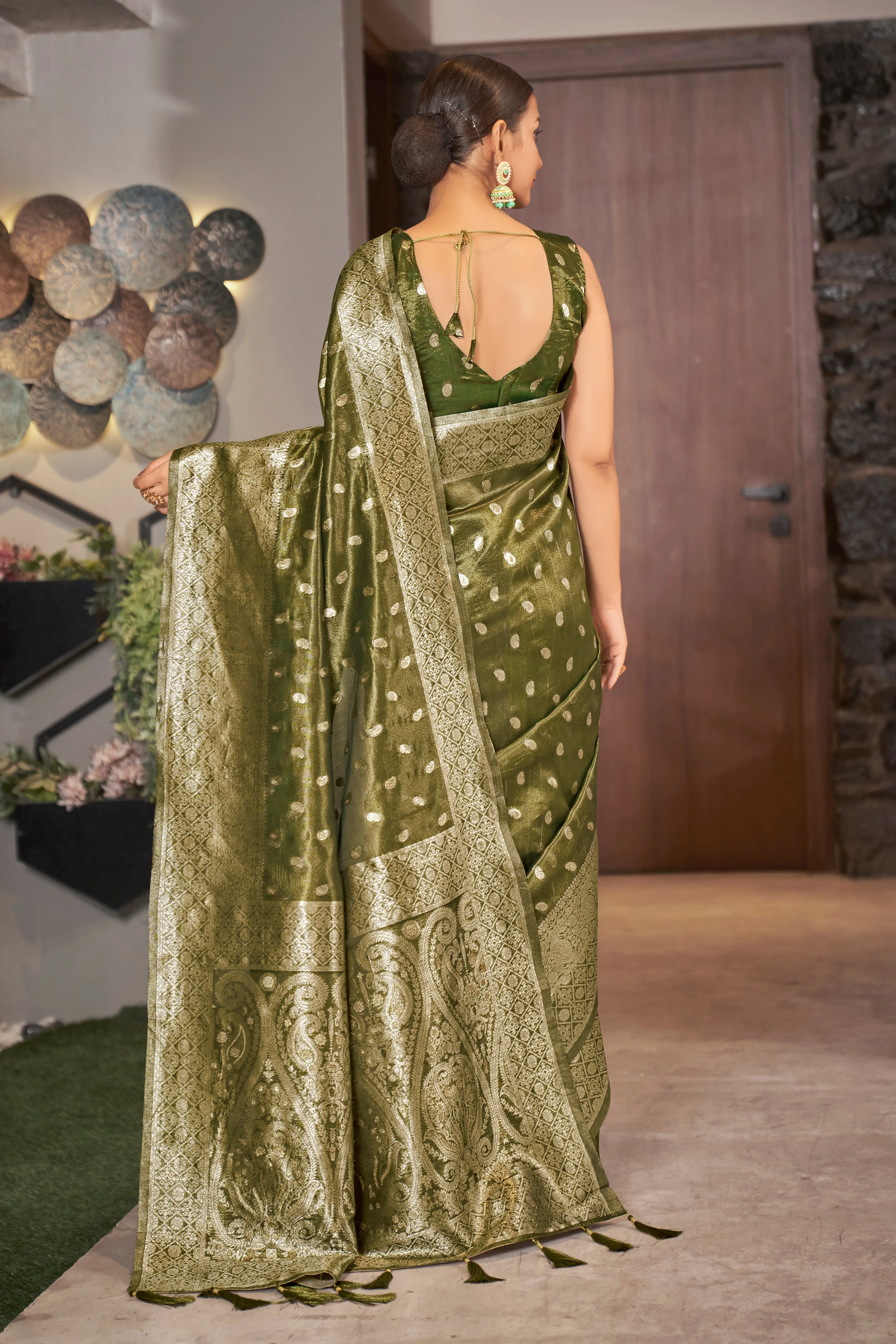 Olive Color Weaving Zari Work Classic Saree For Festival