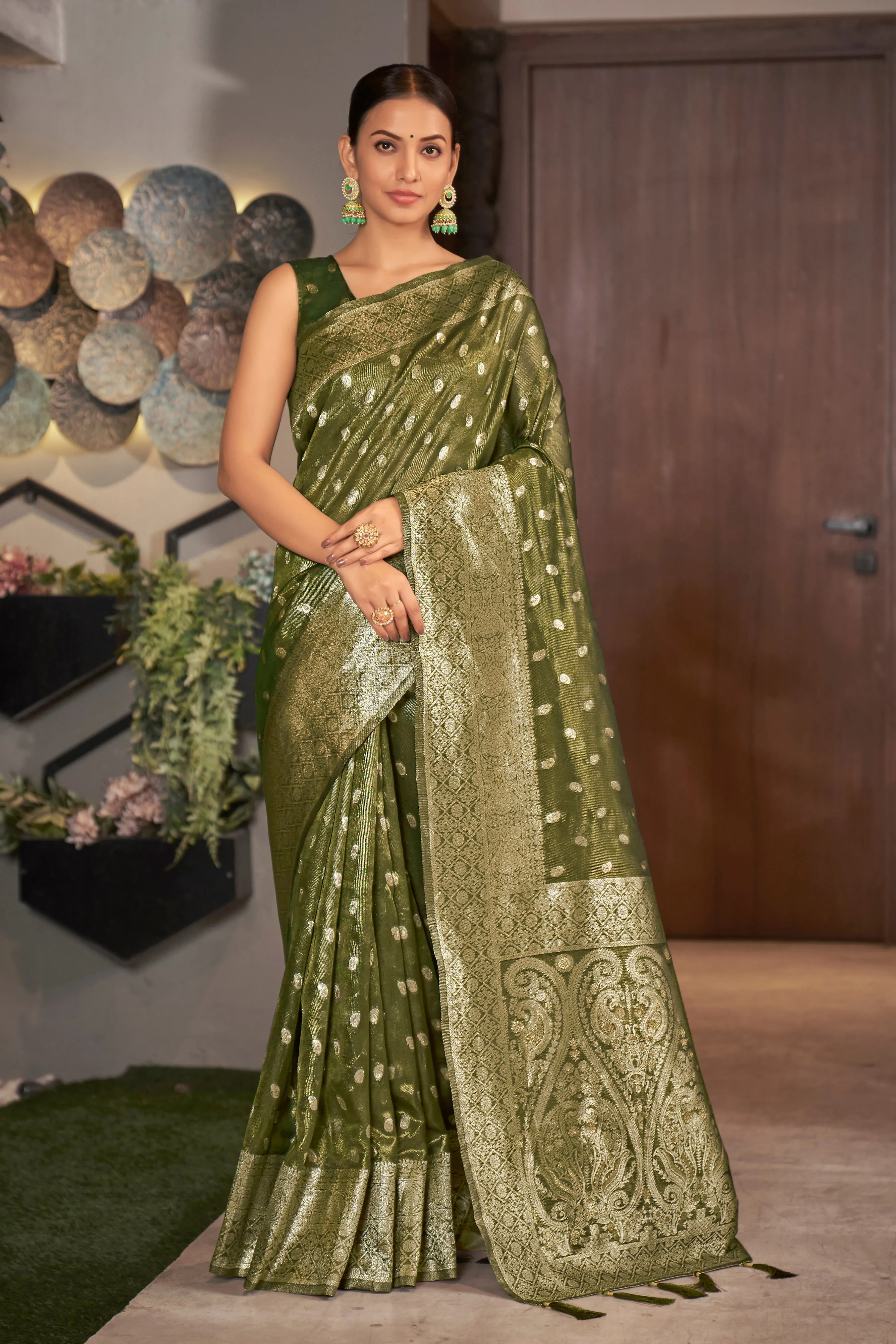 Olive Color Weaving Zari Work Classic Saree For Festival