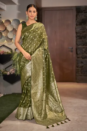 Olive Color Weaving Zari Work Classic Saree For Festival