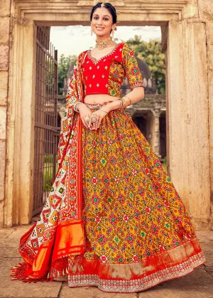 Orange & Red Patola Printed Banarasi Silk Lehenga Choli with Embroidery Work