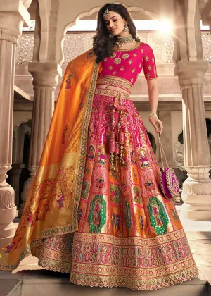 Pink & Orange Heavy Embroidery Banarasi Silk lehenga Choli