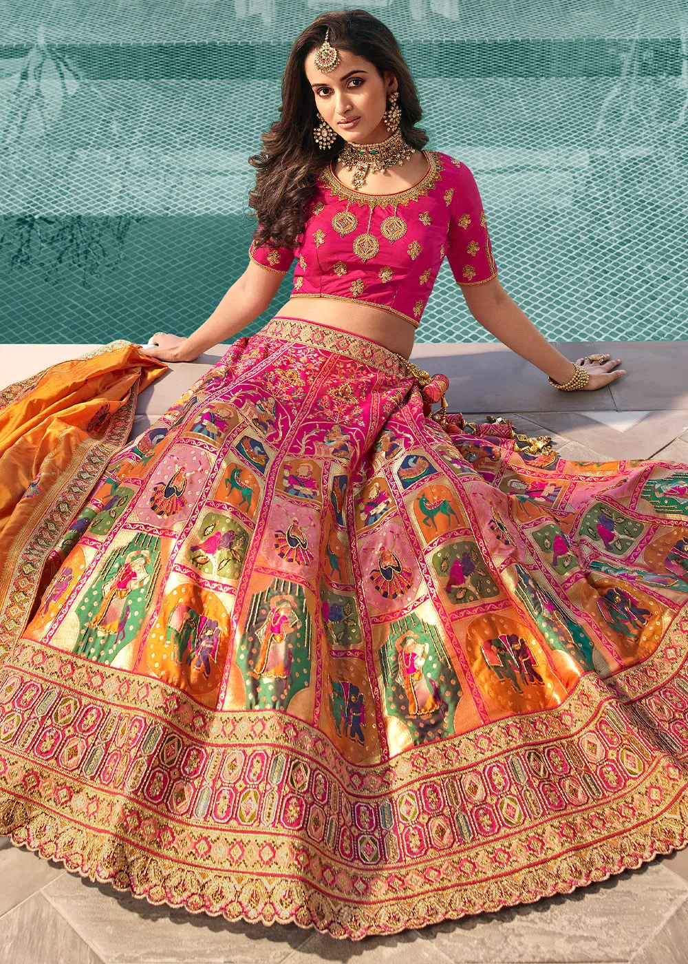 Pink & Orange Heavy Embroidery Banarasi Silk lehenga Choli