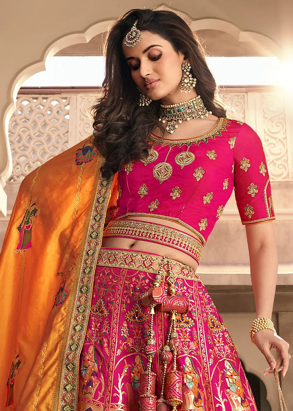 Pink & Orange Heavy Embroidery Banarasi Silk lehenga Choli