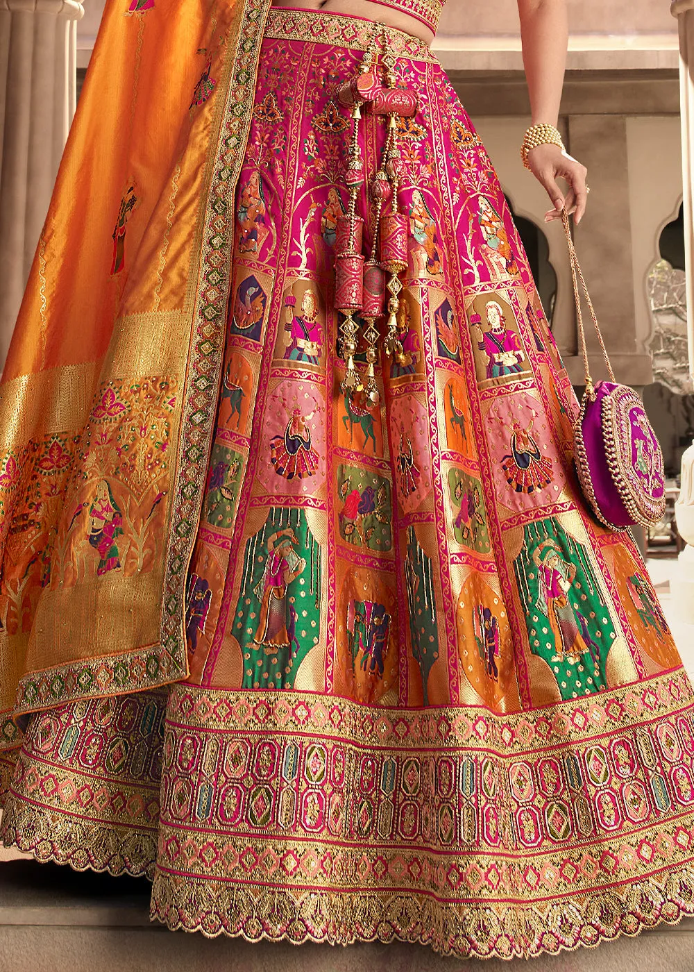 Pink & Orange Heavy Embroidery Banarasi Silk lehenga Choli