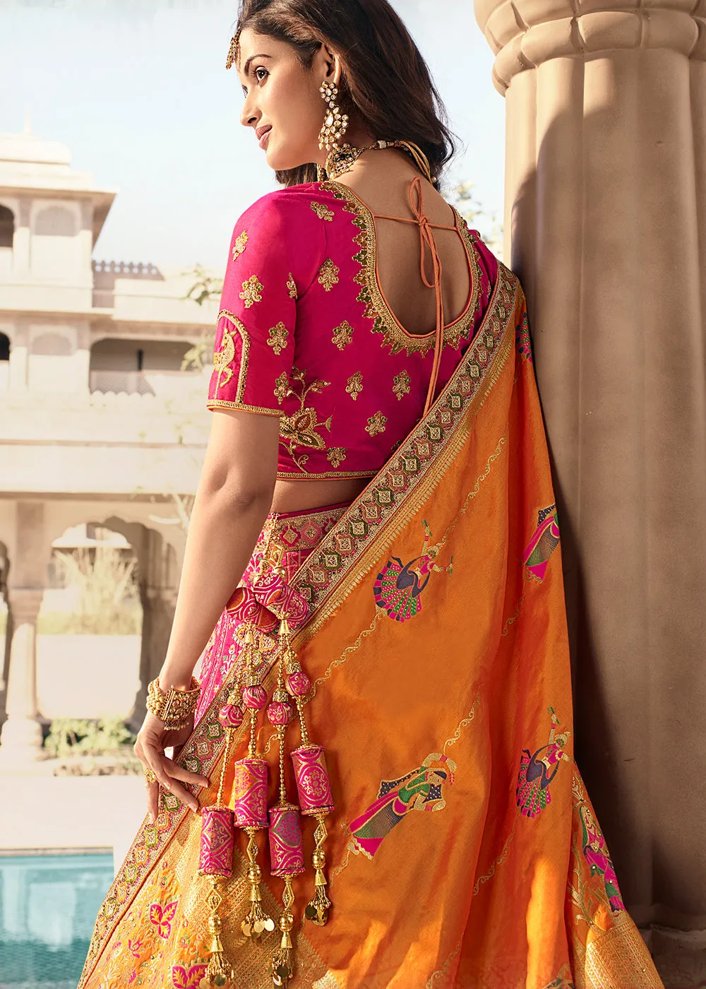 Pink & Orange Heavy Embroidery Banarasi Silk lehenga Choli