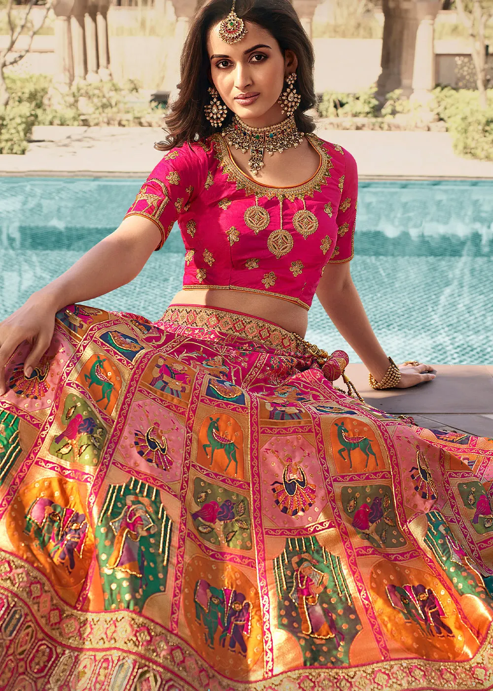 Pink & Orange Heavy Embroidery Banarasi Silk lehenga Choli