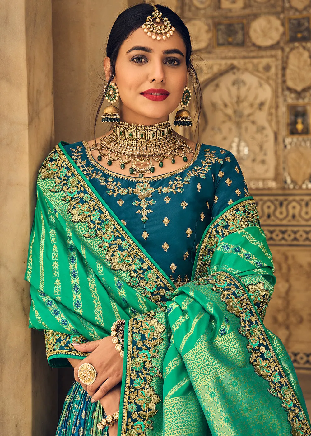 Prussian Blue & Green Banarasi Silk Lehenga Choli with Heavy Embroidery Work