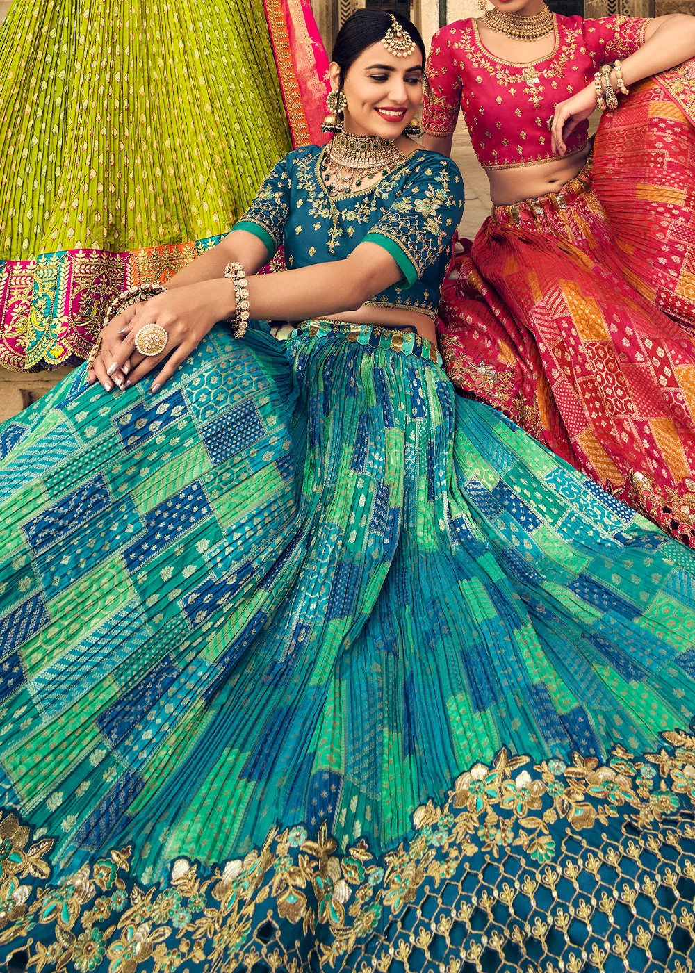 Prussian Blue & Green Banarasi Silk Lehenga Choli with Heavy Embroidery Work