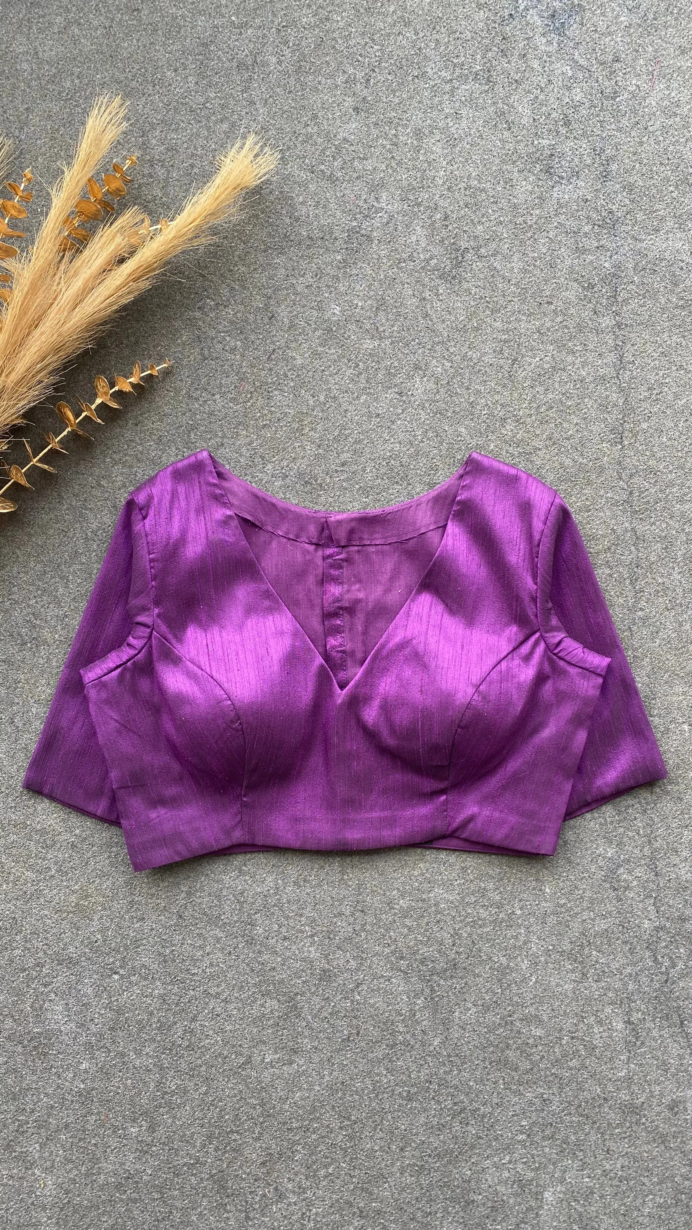 Purple silk V neck patterned blouse