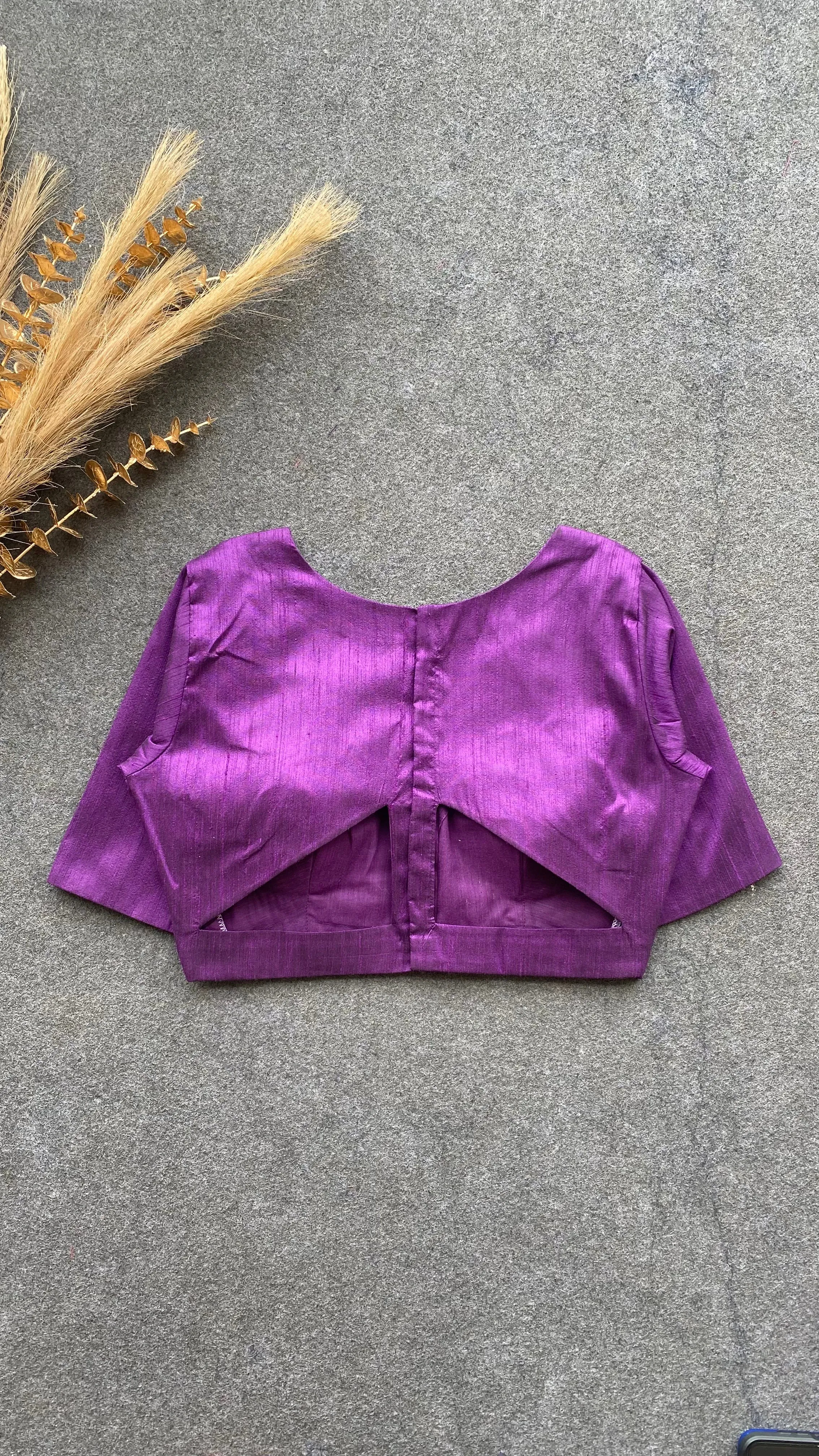 Purple silk V neck patterned blouse