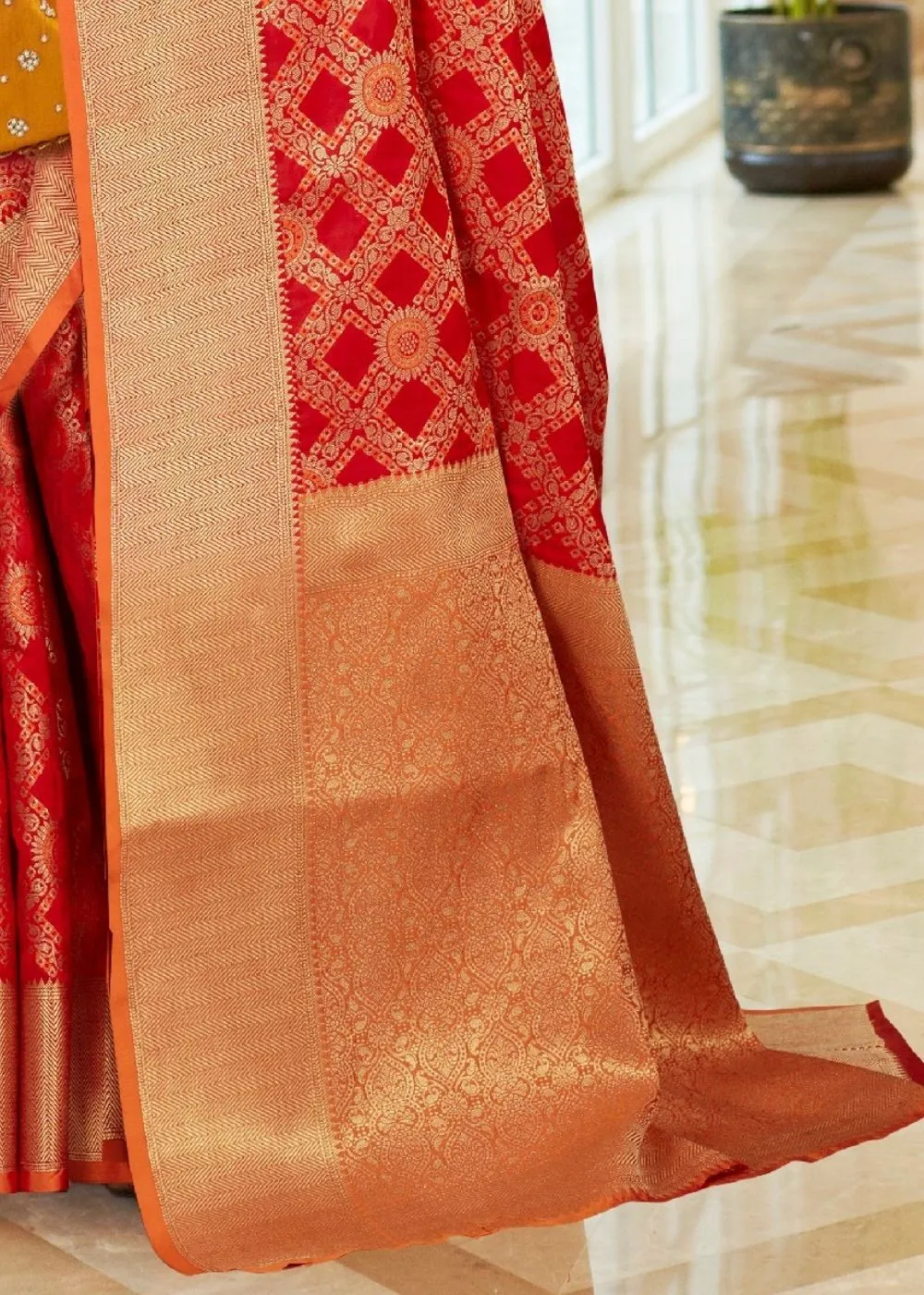 Red Patola Silk Saree with Golden Border