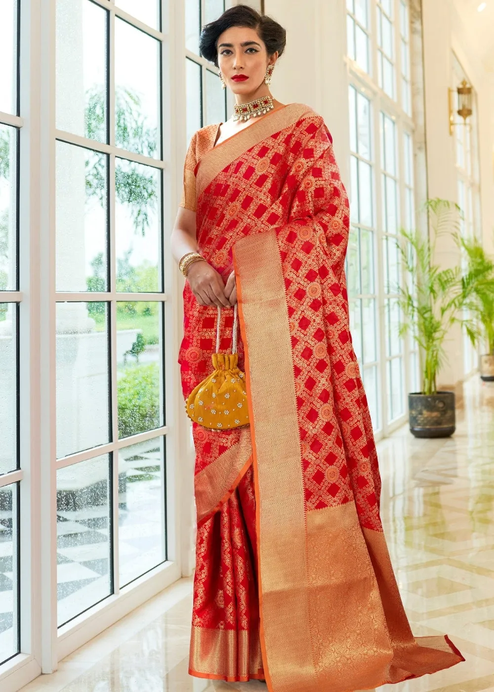 Red Patola Silk Saree with Golden Border