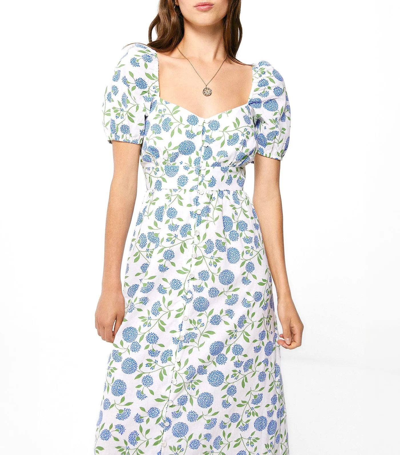 Romantic Linen Cotton Midi Dress White and Blue