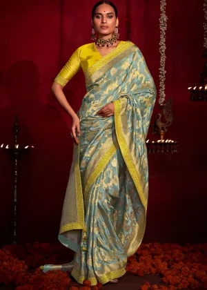 Slate Grey Zari Woven Khadi Silk Saree with Contrast Blouse