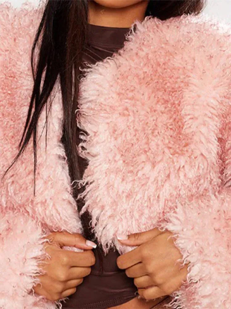 TAVIMART  -  Fashion Oversized Pink Fluffy Faux Fur Coat For Women Casual Lapel Long Sleeved Thicken Plush Coats Ladies High Streetwear