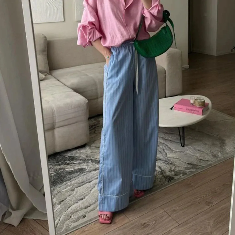 TAVIMART  -  Women's Casual Striped Print Straight Pants y2k Clothes Drawstring Elastic Waist Loose Wide Leg Pants Trousers with Pockets