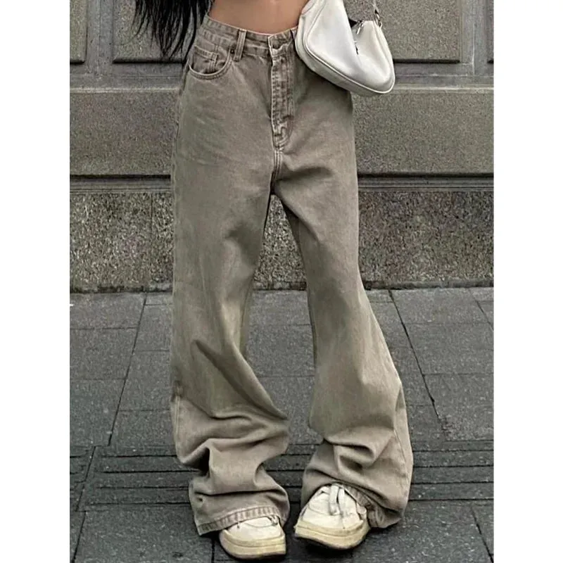 TAVIMART  -  Y2K Wide Leg Grunge Street Washed Denim Trouser American Vintage High Waist Straight Emo Jeans Women's Casual 2000s Baggy Pants