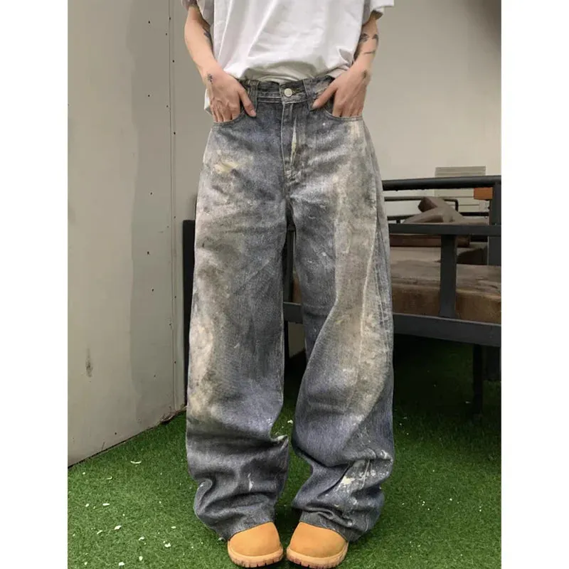 TAVIMART  -  Y2K Wide Leg Grunge Street Washed Denim Trouser American Vintage High Waist Straight Emo Jeans Women's Casual 2000s Baggy Pants