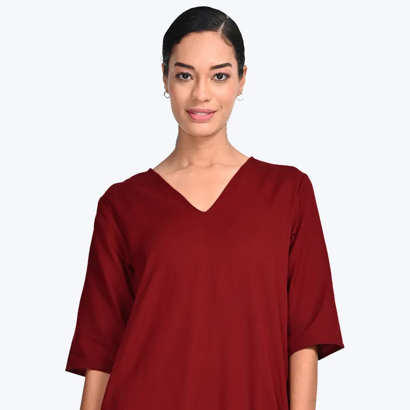 Tencel Dress For Women | V Neck | Knee Length | Maroon