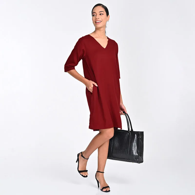 Tencel Dress For Women | V Neck | Knee Length | Maroon