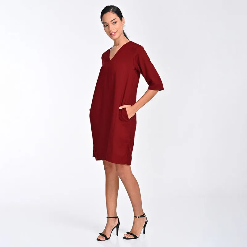 Tencel Dress For Women | V Neck | Knee Length | Maroon