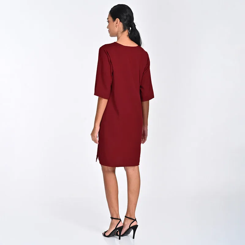 Tencel Dress For Women | V Neck | Knee Length | Maroon