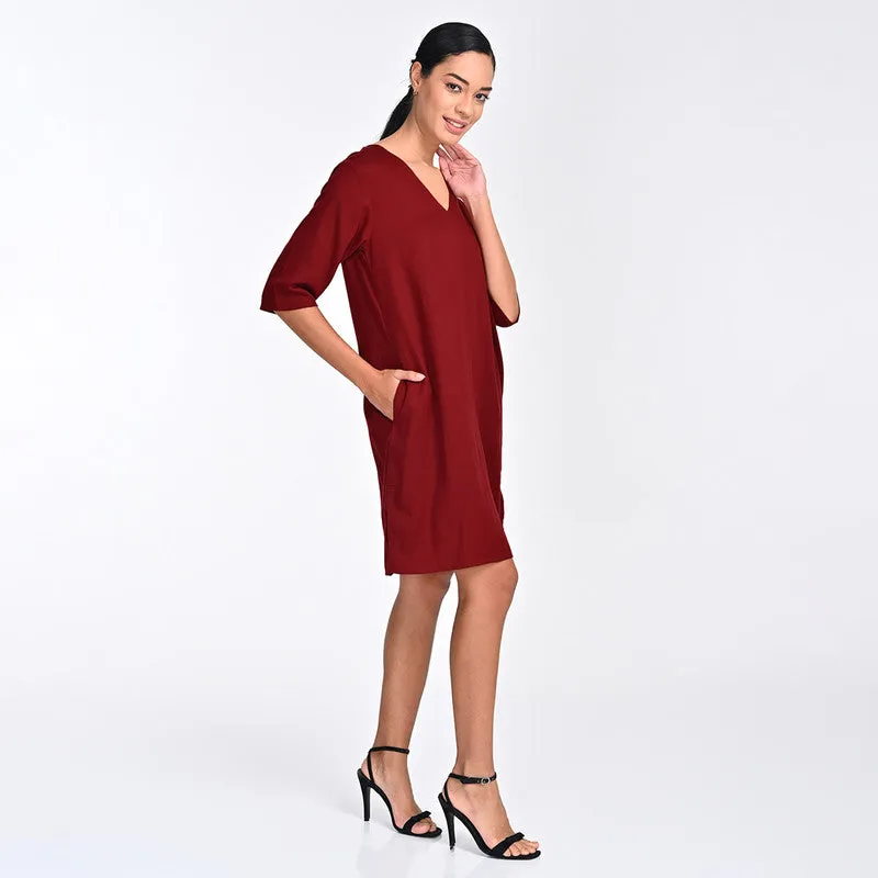 Tencel Dress For Women | V Neck | Knee Length | Maroon